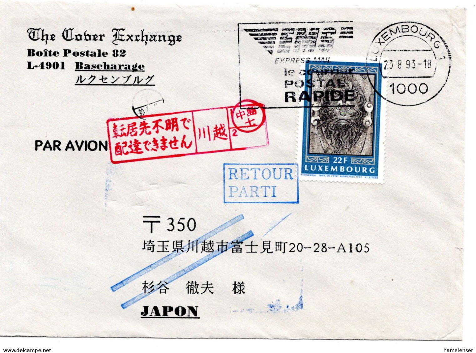 74225 - Luxemburg - 1993 - 22F Bildhauerei EF A LpBf LUXEMBOURG - EMS ... -> KAWAGOE (Japan), Unzustellbar Zurueck - Lettres & Documents
