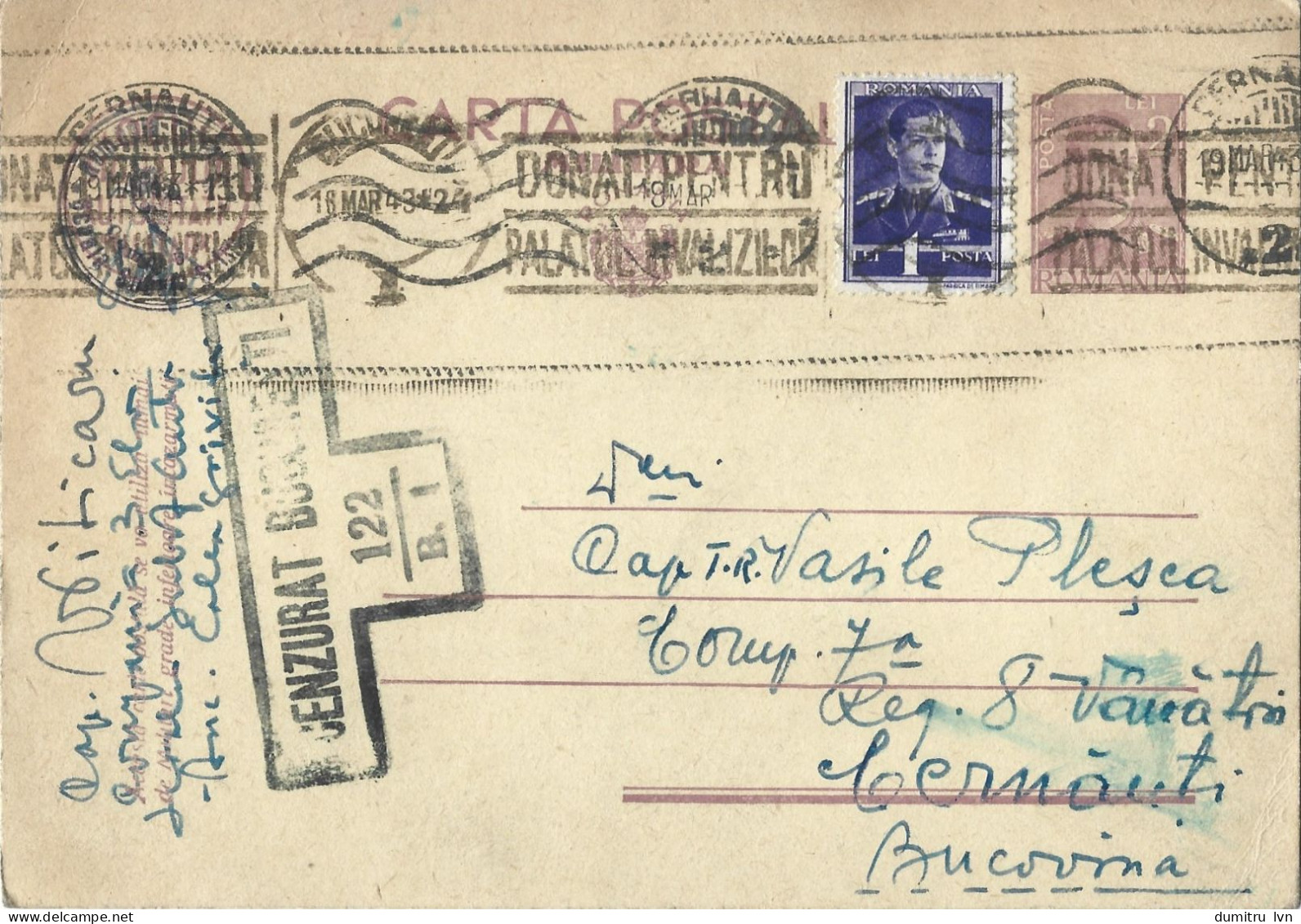 ROMANIA 1943 CERNAUTI, MILITARY POSTCARD, CENSORED, COMMUNIST PROPAGANDA STAMP POSTCARD STATIONERY - World War 2 Letters