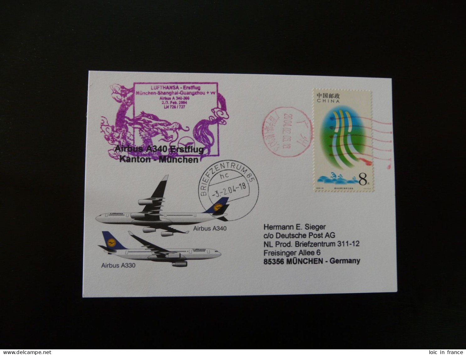 Premier Vol First Flight Guangzhou China To Munchen Airbus A340 Lufthansa 2004 - Lettres & Documents