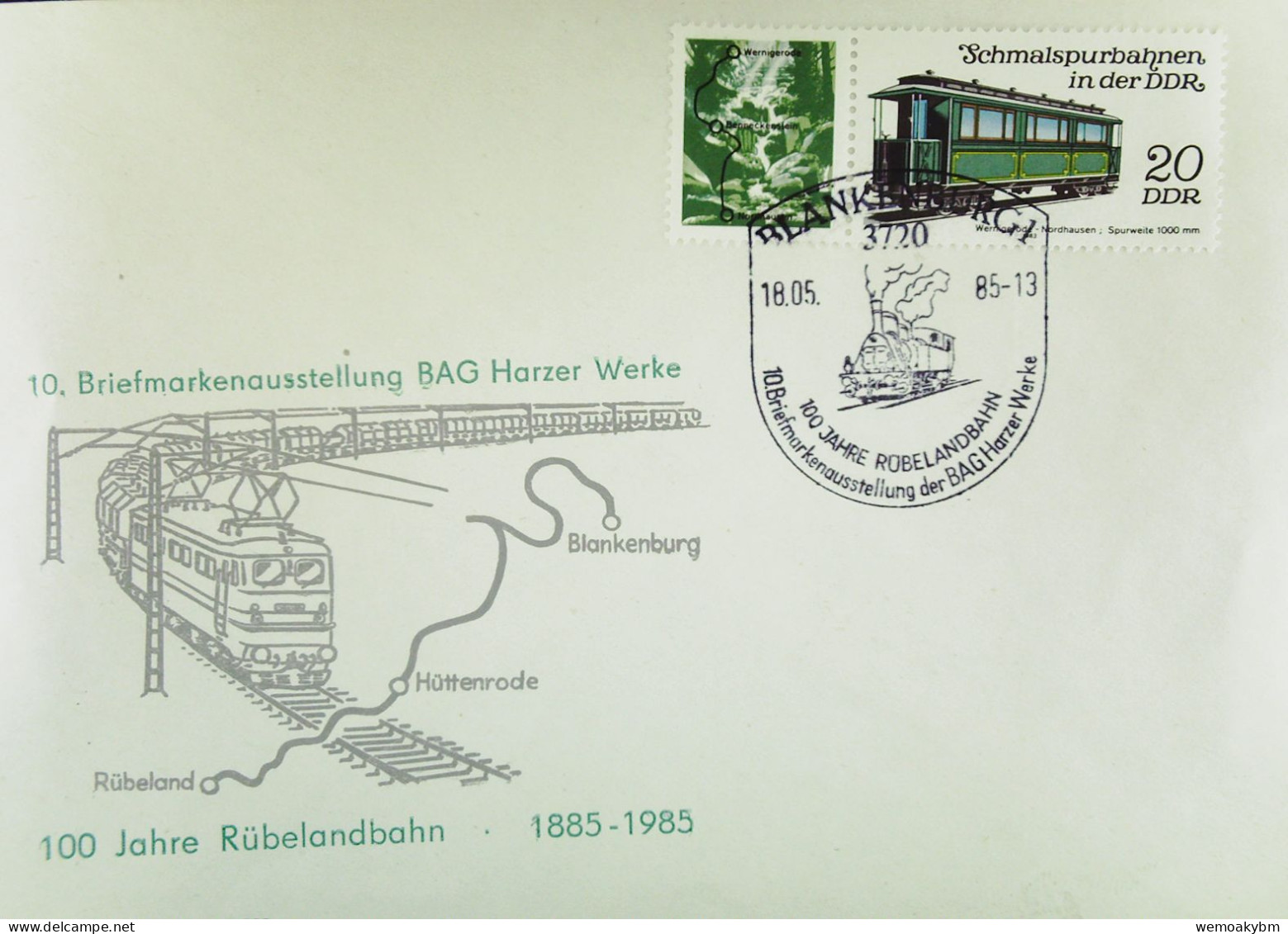 DDR: Anlass-Brief "100 Jahre Rübelandbahn" Mit SoSt. BLANKENBURG 1 Vom 18.5.1985 Und 20 Pf Personenwagen Knr:  Zf/2793 - Maschinenstempel (EMA)