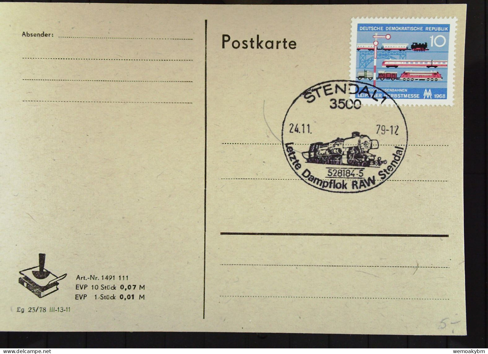 DDR: Postkarte Mit SoSt."Letzte Dampflok RAW Stendal-528184-5" STENDAL1 Vom 24.11.1979 Mit 10 Pf Messe Leipzig Knr: 1399 - Machines à Affranchir (EMA)