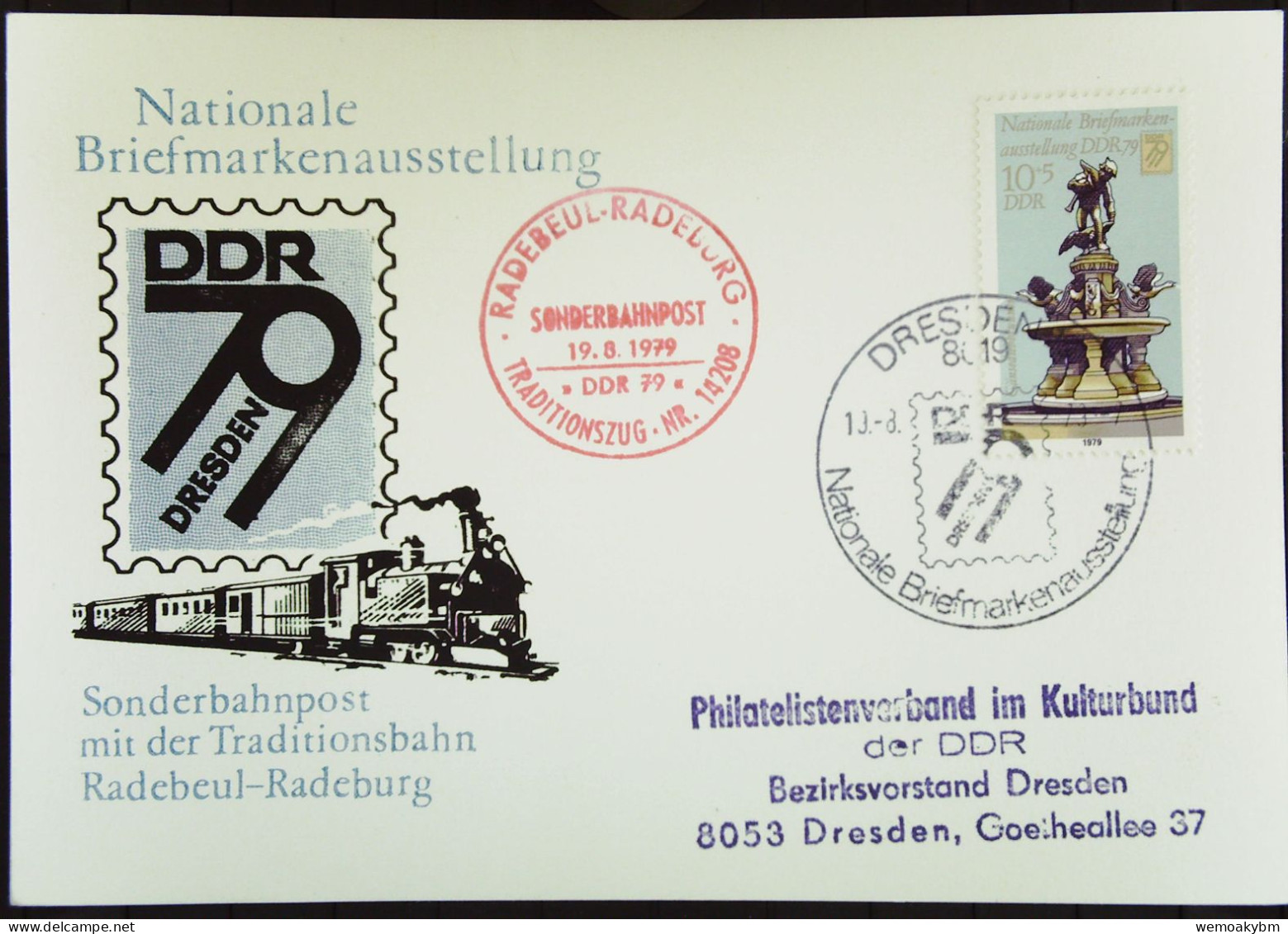 So-Postkarte "Nationale Briefmarkenausstellung DDR" Mit 2 SoSt. DRESDEN Vom 19.8.1979 U Sonderbahn Mit 10+5 Pf Knr: 2441 - Maschinenstempel (EMA)