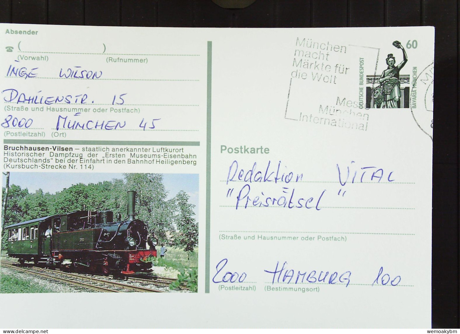 GS-Bildpostkarte "Historischer Dampfzug Bei Der Einfahrt In Den Bahnhof Heiligenberg" Mit 60 Pf Bavaria-München Knr:1341 - Bildpostkarten - Gebraucht
