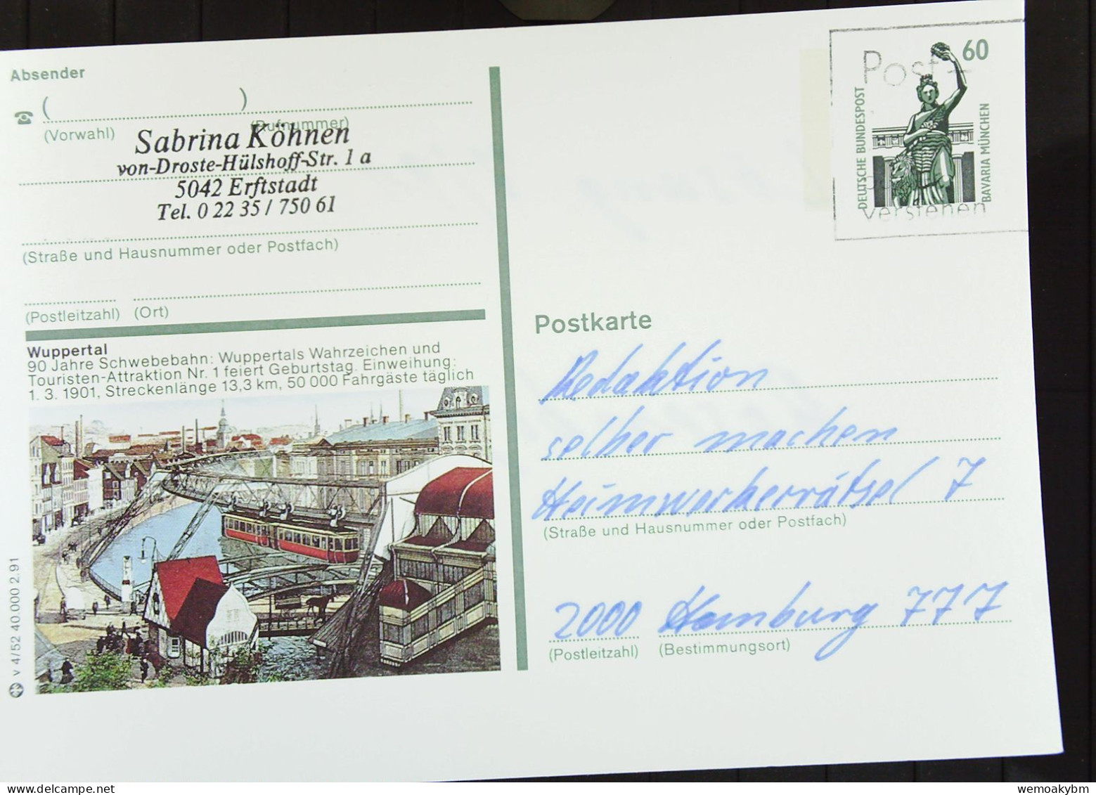 GS-Bildpostkarte "Wuppertal - 90 Jahre Schwebebahn" Mit 60 Pf Bavaria-München Knr:1341 - Bildpostkarten - Gebraucht