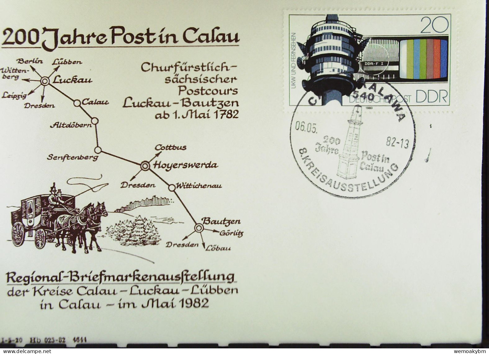 Brief-Umschlag Und SoSt. Zur BM-Ausstellung "200 Jahre Post In CALAU/KALOWA" Mit 20 Pfg UKW/FS-Turm V 6.5.1982 Knr: 2491 - Machines à Affranchir (EMA)