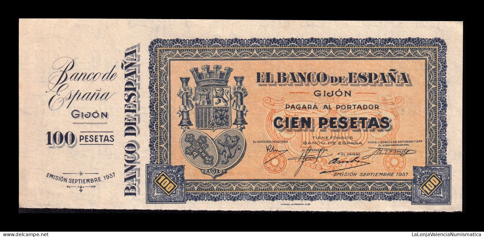 España Spain Gijón 100 Pesetas 1937 Pick S580 Con Matriz Sc Unc - 100 Pesetas