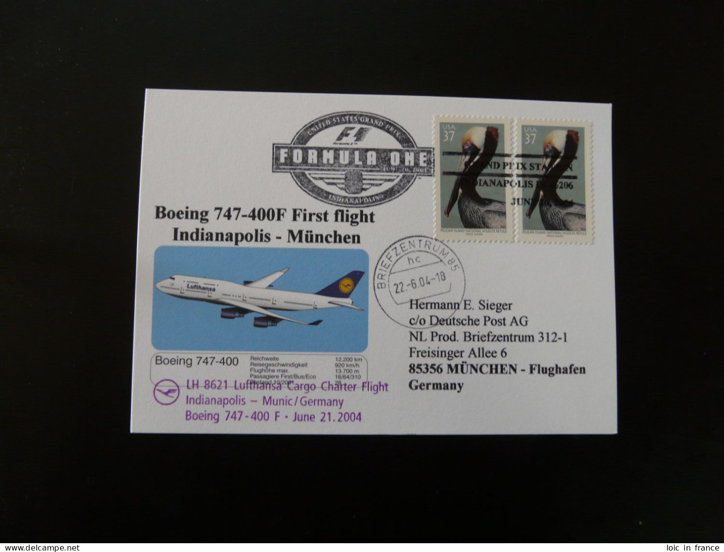 Premier Vol First Flight Indianapolis Munchen Boeing 747 Lufthansa 2004 - Storia Postale