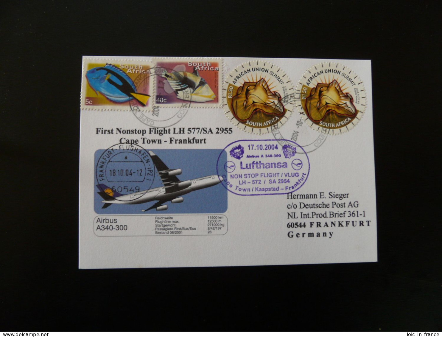 Premier Vol First Flight Cape South Africa Town To Frankfurt  Airbus A340 Lufthansa 2004 - Lettres & Documents