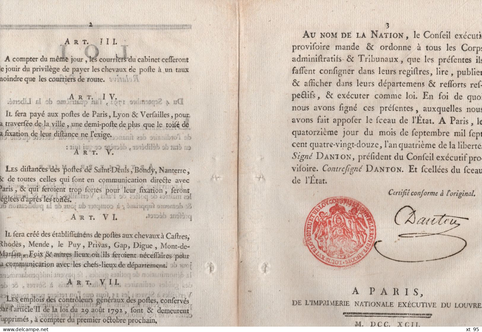 Loi Relative Aux Postes - 1792 - Signature (tampon) Danton + Sceau De L Etat - Rare - 1701-1800: Voorlopers XVIII