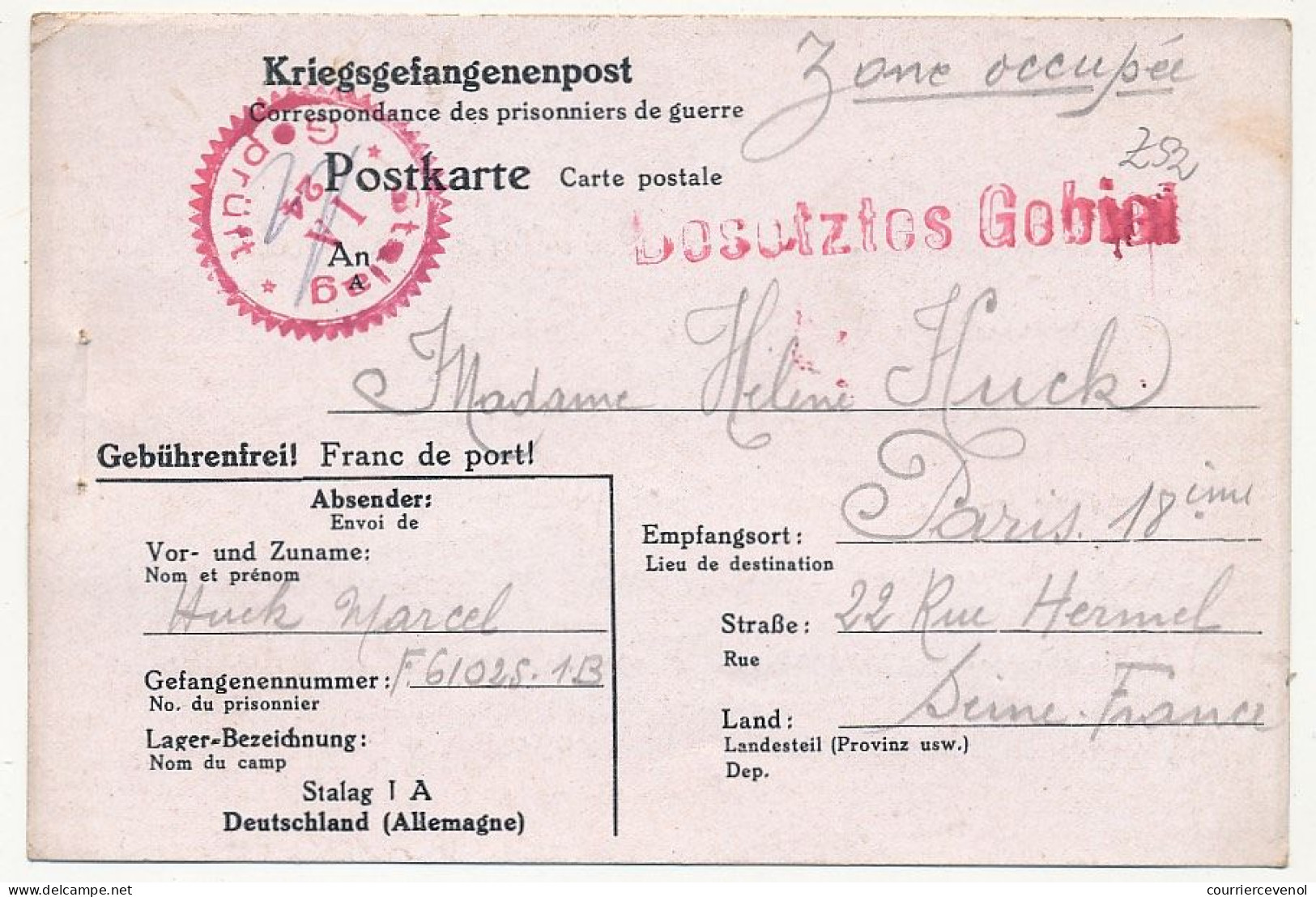 Carte Postale Depuis Le Stalag 1A Stablack - Censure Rouge "Stalag 1 A 24 Geprüft" - Mars 1941 - Guerre De 1939-45