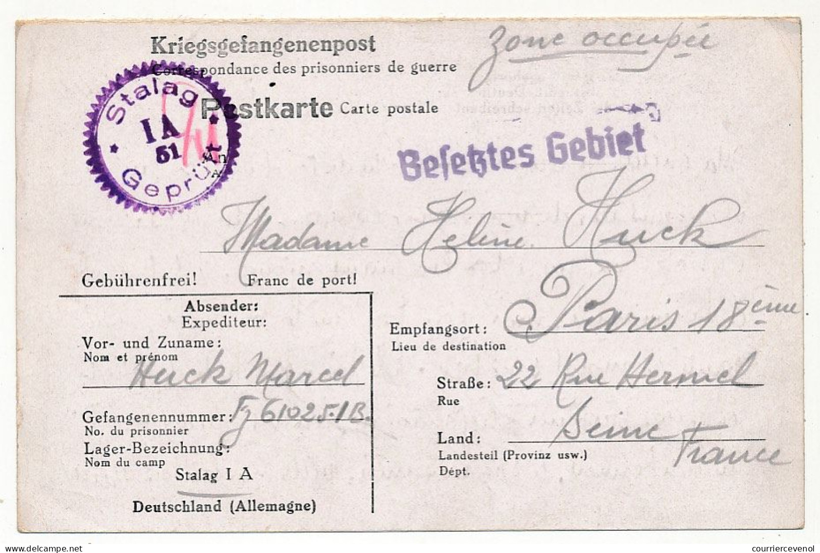 Carte Postale Depuis Le Stalag 1A Stablack - Censure Violette "Stalag 1 A 51 Geprüft" - Avril 1941 - Guerre De 1939-45