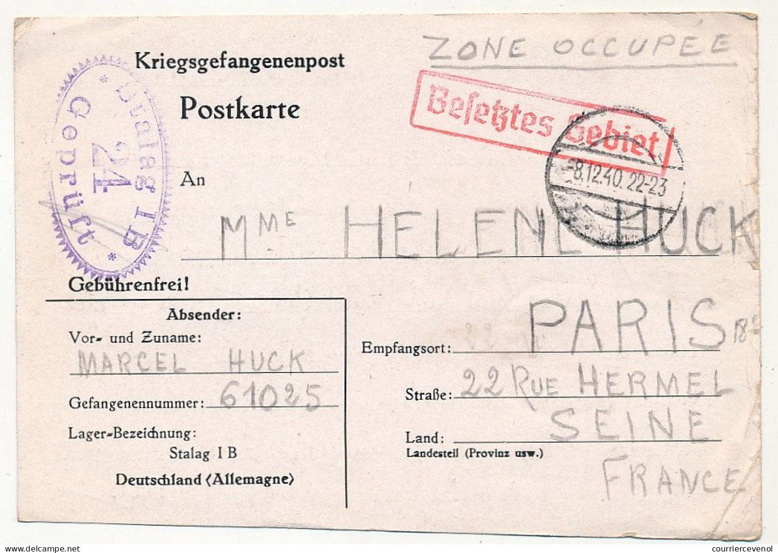 Carte Postale Depuis Le Stalag 1B - Censure Bleue "Stalag 1 B 24 Geprüft" - Décembre 1940 - Guerre De 1939-45