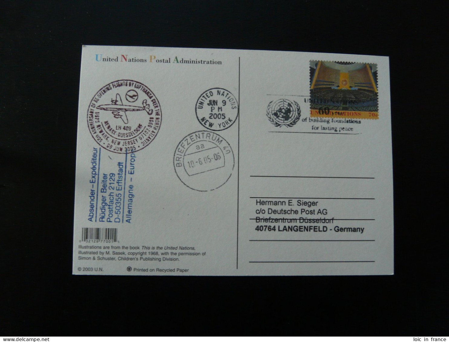 Premier Vol First Flight Newark Dusseldorf United Nations Stationery Card Lufthansa 2005 - Lettres & Documents