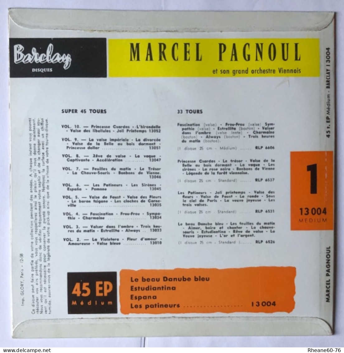 Barclay Disques 13004 Médium 45T EP - Volume 1 - Marcel Pagnoul Et Son Grand Orchestre Viennois - Formats Spéciaux