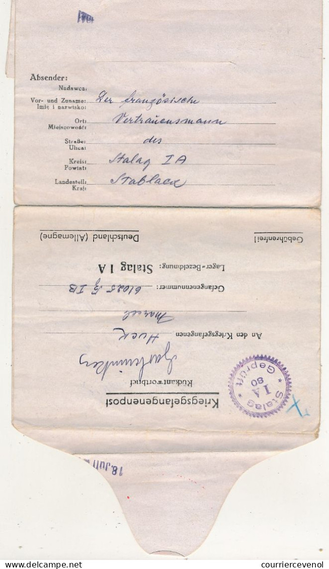 Lettre Aller-Retour Stalag 1A - Censures "KGF. B.P. 30 Geprüft" Et "Stalag 1A 80 Geprüft" - Homme De Confiance - Guerre De 1939-45