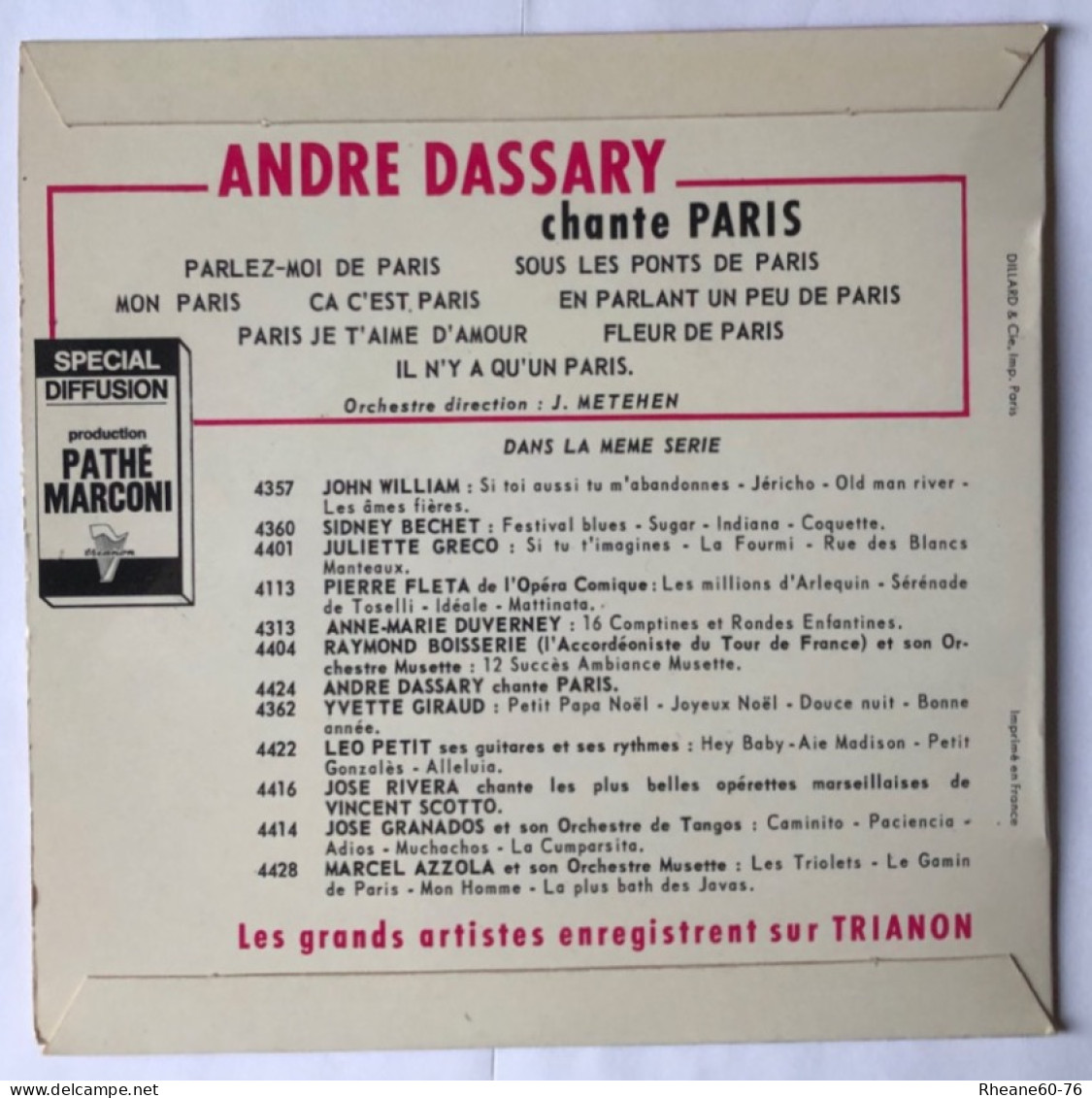 Trianon 4424 ETS - André Dassary Chante Paris - Orchestre Direction J Metehen - Pathé Marconi - Formats Spéciaux