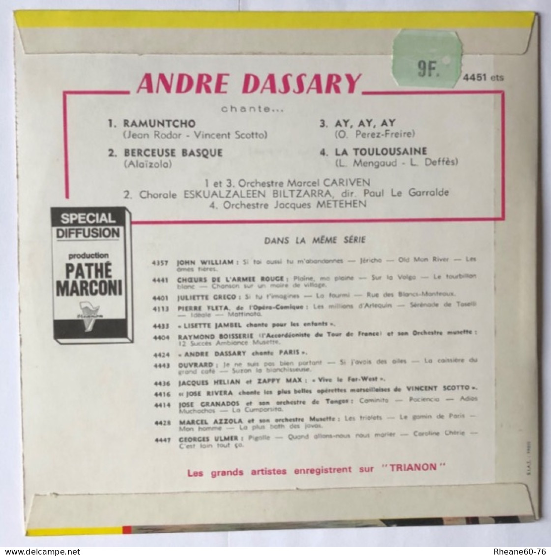 Trianon 4451 ETS - André Dassary Chante … - Orchestre M Cariven Et J Metehen - Pathé Marconi - Formats Spéciaux