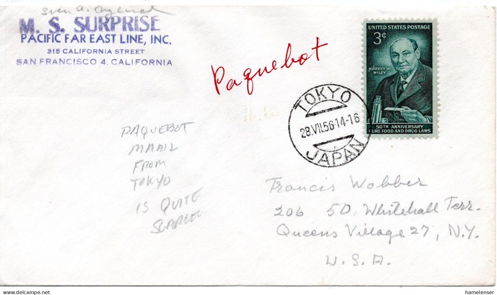 74234 - USA - 1956 - 3¢ Wiley EF A Paquebot-Bf TOKYO -> Queens Village, NY - Storia Postale