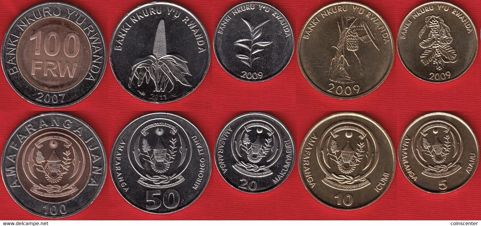 Rwanda Set Of 5 Coins: 5 - 100 Francs 2007-2011 UNC - Rwanda