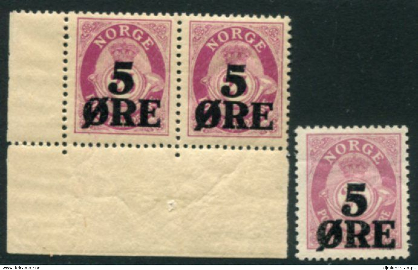 NORWAY 1922 Surcharge 5 Ø. On 25 Ø. Yellow Paper Pair, With White Paper Stamp For Comparison MNH / **.  Michel 104a,b - Unused Stamps