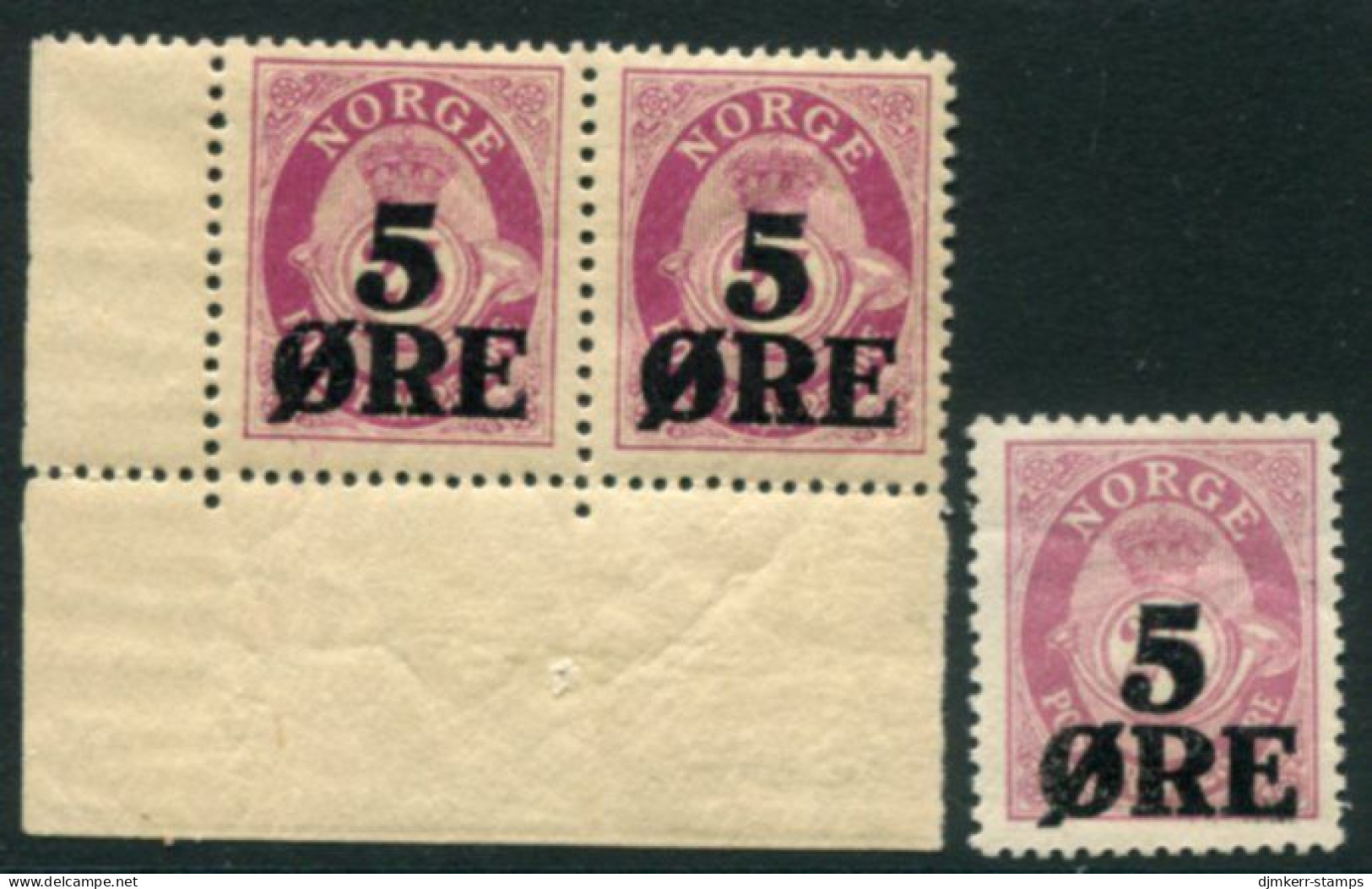 NORWAY 1922 Surcharge 5 Ø. On 25 Ø. Yellow Paper Pair, With White Paper Stamp For Comparison MNH / **.  Michel 104a,b - Ongebruikt