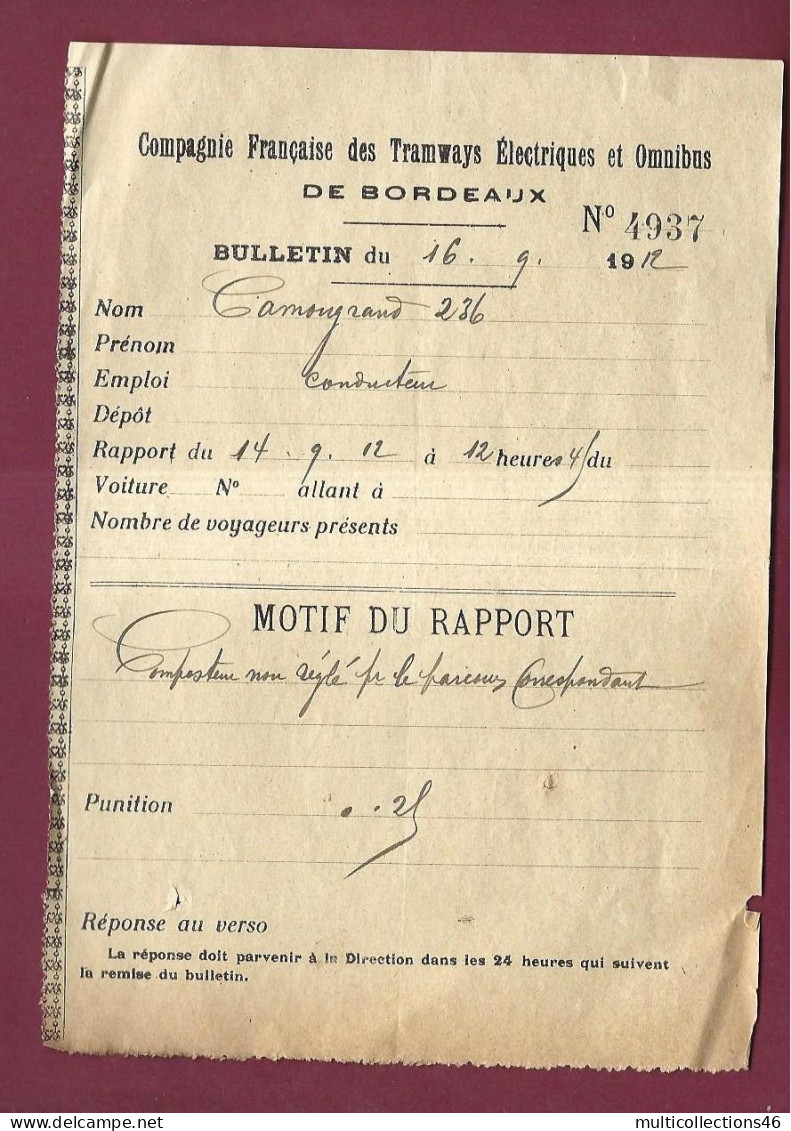 250124 - CHEMIN DE FER - Rapport Bulletin 1912 Cie Française Tramways électriques Omnibus BORDEAUX N°4937 Composteur Pv - Other & Unclassified