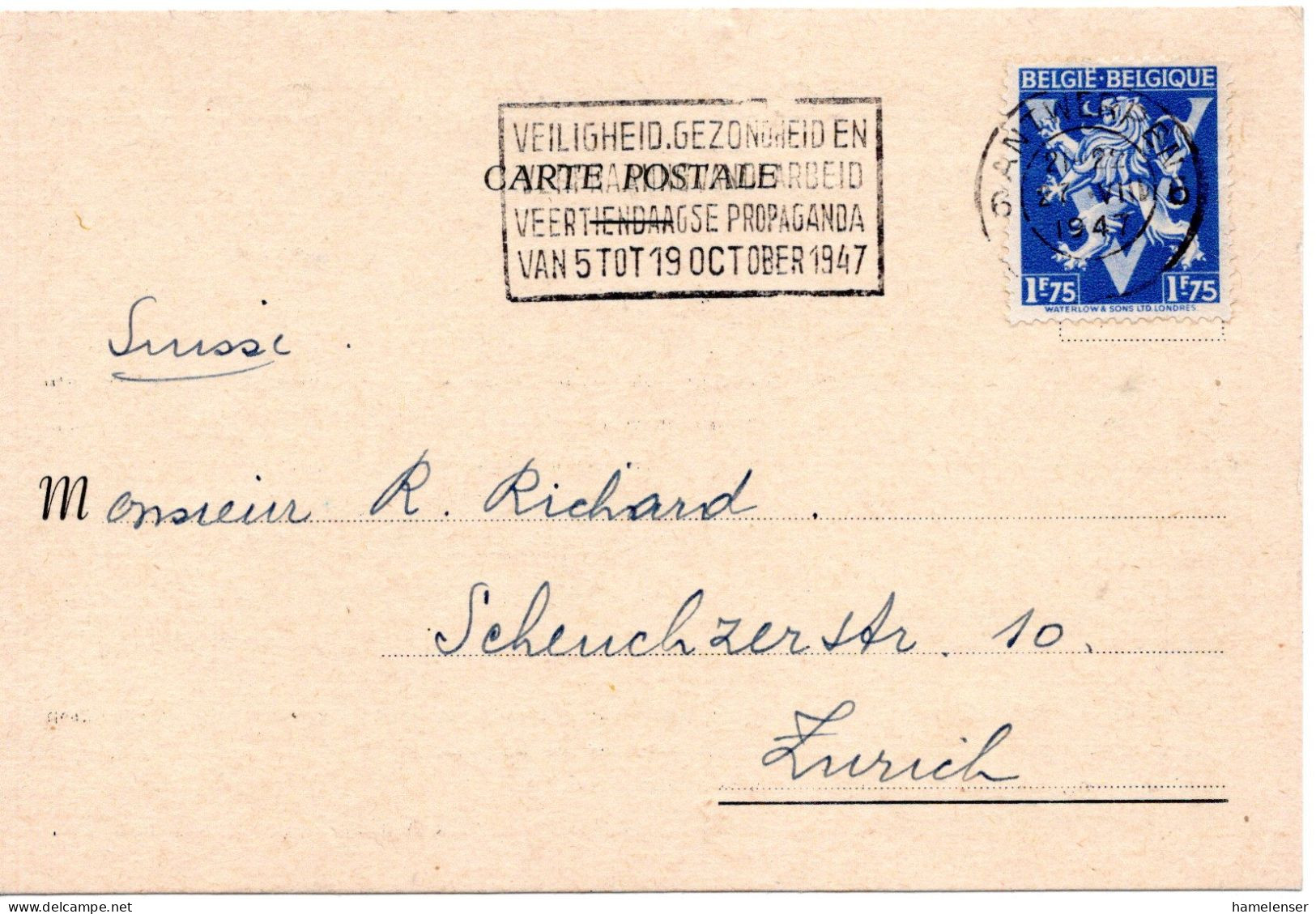 74238 - Belgien - 1947 - 1,75F Victory EF A Kte ANTWERPEN - ... -> Schweiz - Lettres & Documents