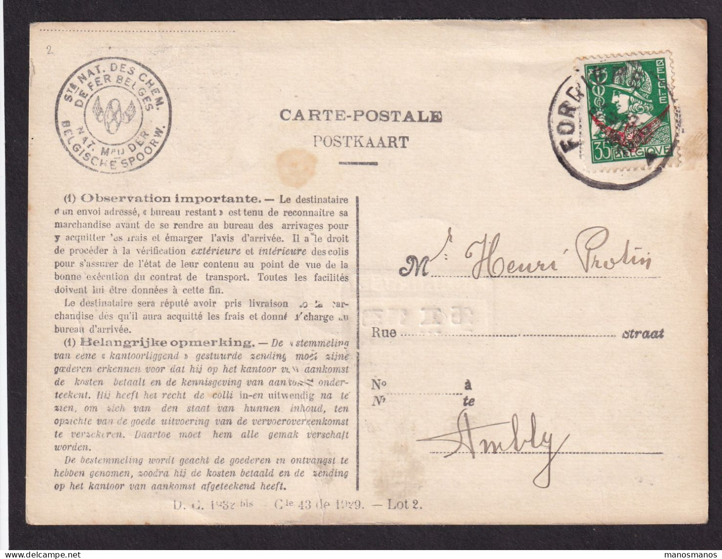 DDFF 674 - Carte De Service Des Chemins De Fer TP S 17 Mercure FORRIERES 1936 - Verso Cachet De La Gare - Briefe U. Dokumente