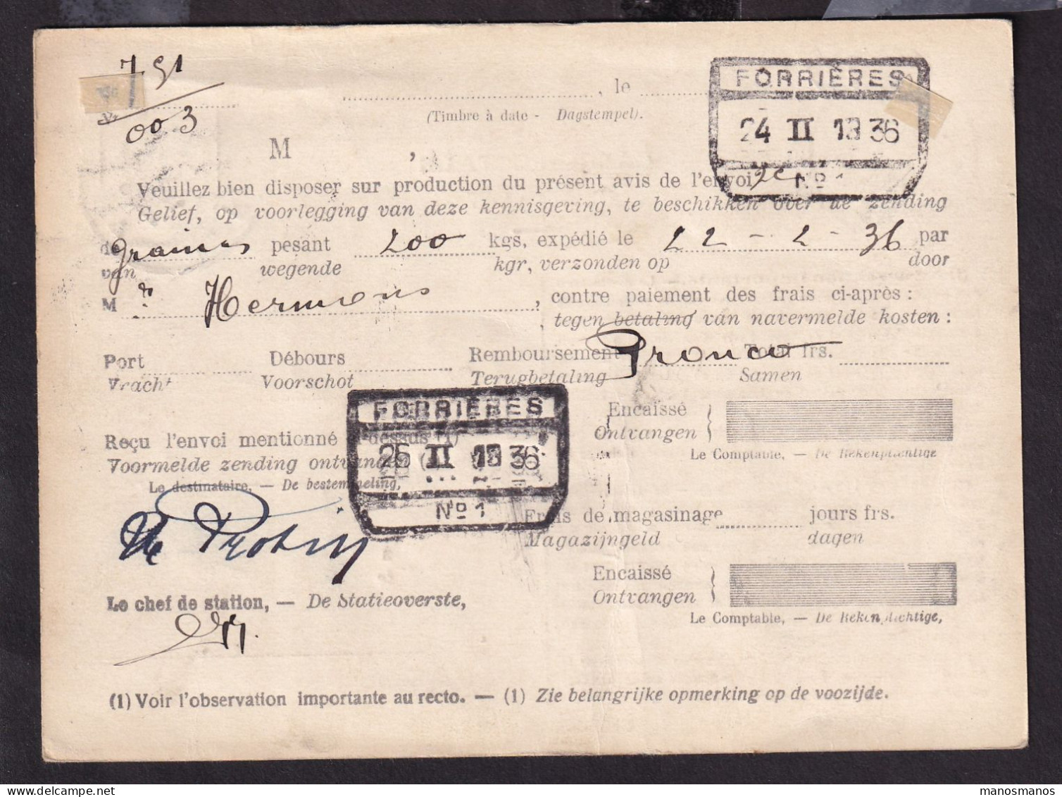 DDFF 674 - Carte De Service Des Chemins De Fer TP S 17 Mercure FORRIERES 1936 - Verso Cachet De La Gare - Briefe U. Dokumente