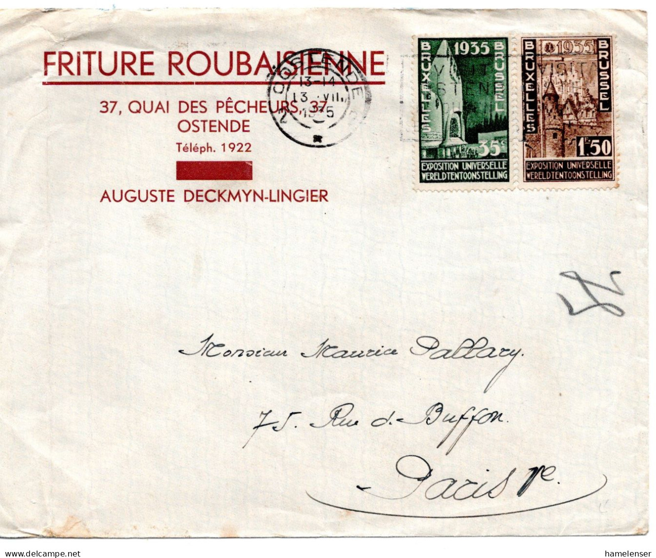 74239 - Belgien - 1935 - 1,50F Weltausstellung MiF A Bf OOSTENDE - ... -> Frankreich - 1935 – Brussel (België)
