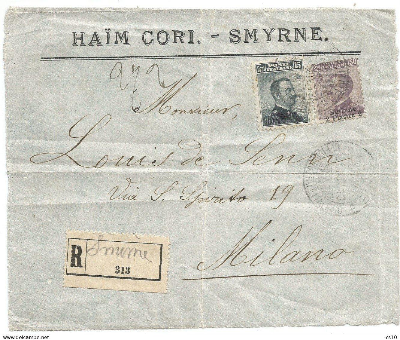 Ufficio Italiano Smirne Smyrne Izmir Turchia FRONTE Raccomandata 21nov1913 X Milano Michetti Para30/c15 + 2Piastre/c50 - Collections