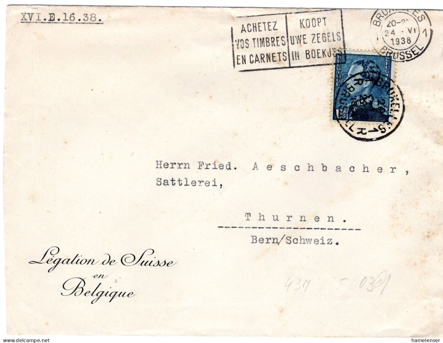 74240 - Belgien - 1938 - 1,75F Albert EF A Bf BRUXELLES - ... -> Schweiz, Abs: Botschaft Der Schweiz - Lettres & Documents