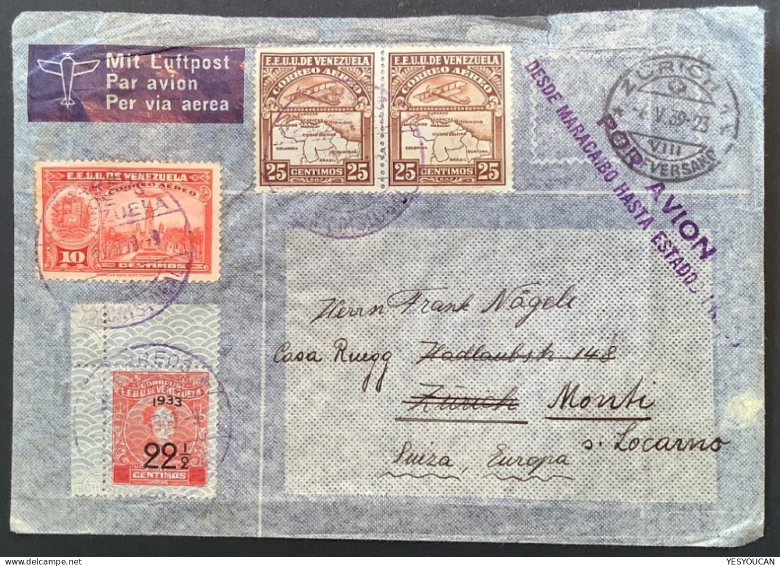 „POR AVION DESDE MARACAIBO HASTA ESTADOS UNIDOS“ 1939 Air Mail Cover>Schweiz (Luftpost Brief Correo Aereo - Venezuela