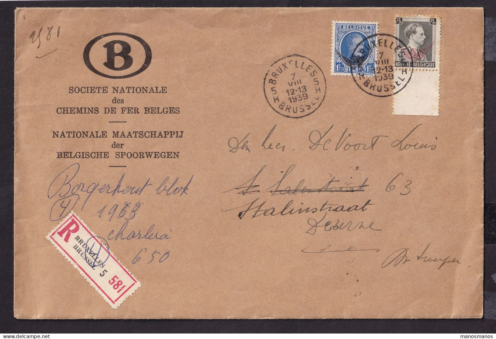 DDFF 678 - Enveloppe De Service Des Chemins De Fer Recommandée - TP Houyoux Et Col Ouvert S6 Et S25 BRUXELLES 1939 - Cartas & Documentos