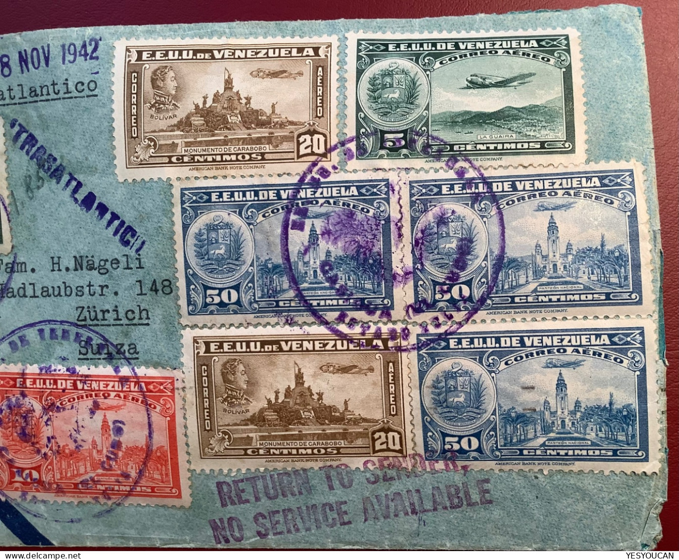 1942 RETURN TO SENDER 1943 !  WW2 USA Censored TRASATLANTICA (sic) Air Mail Cover MARACAIBO>Schweiz (Luftpost Brief - Venezuela