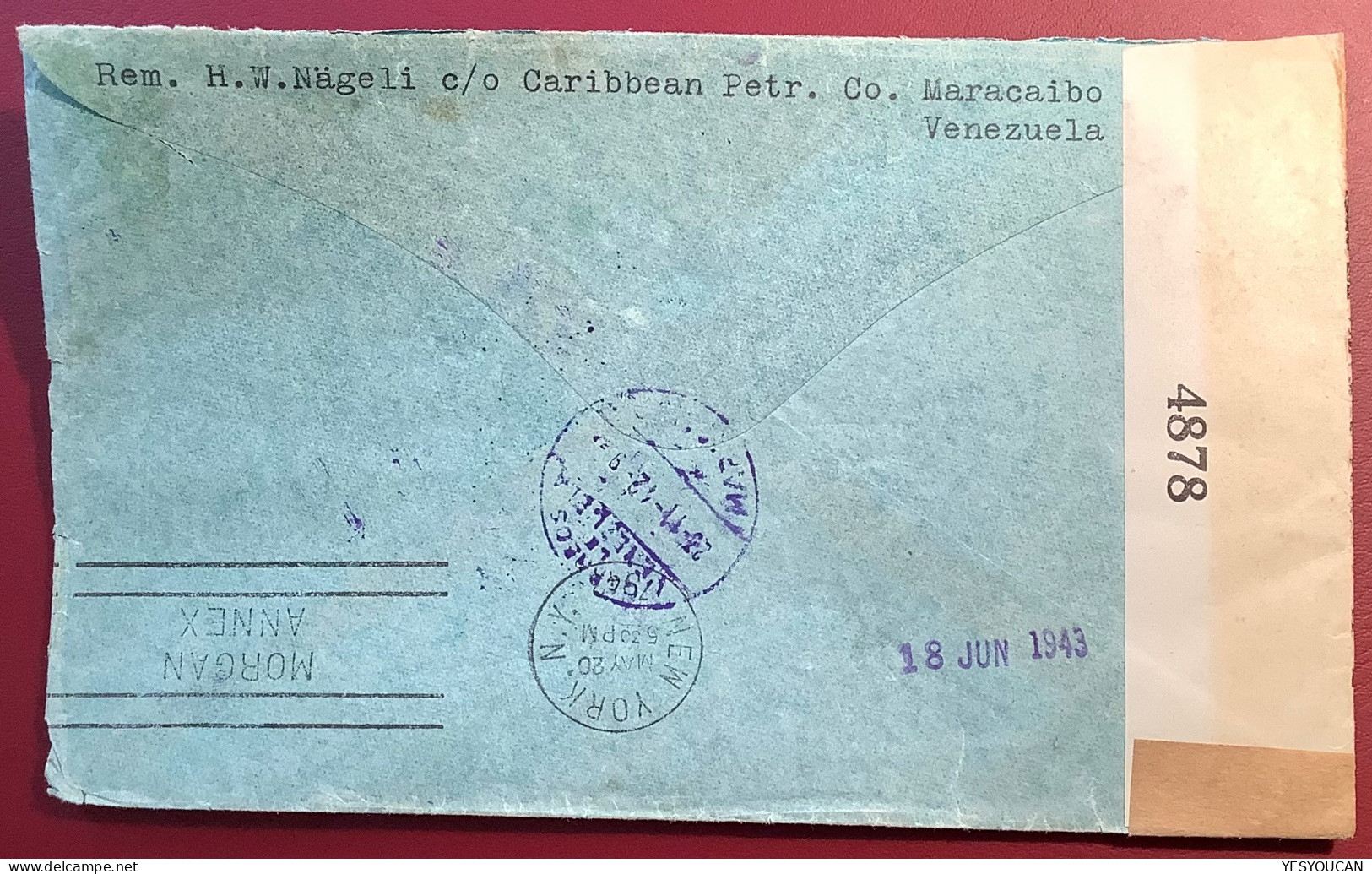 1942 RETURN TO SENDER 1943 !  WW2 USA Censored TRASATLANTICA (sic) Air Mail Cover MARACAIBO>Schweiz (Luftpost Brief - Venezuela