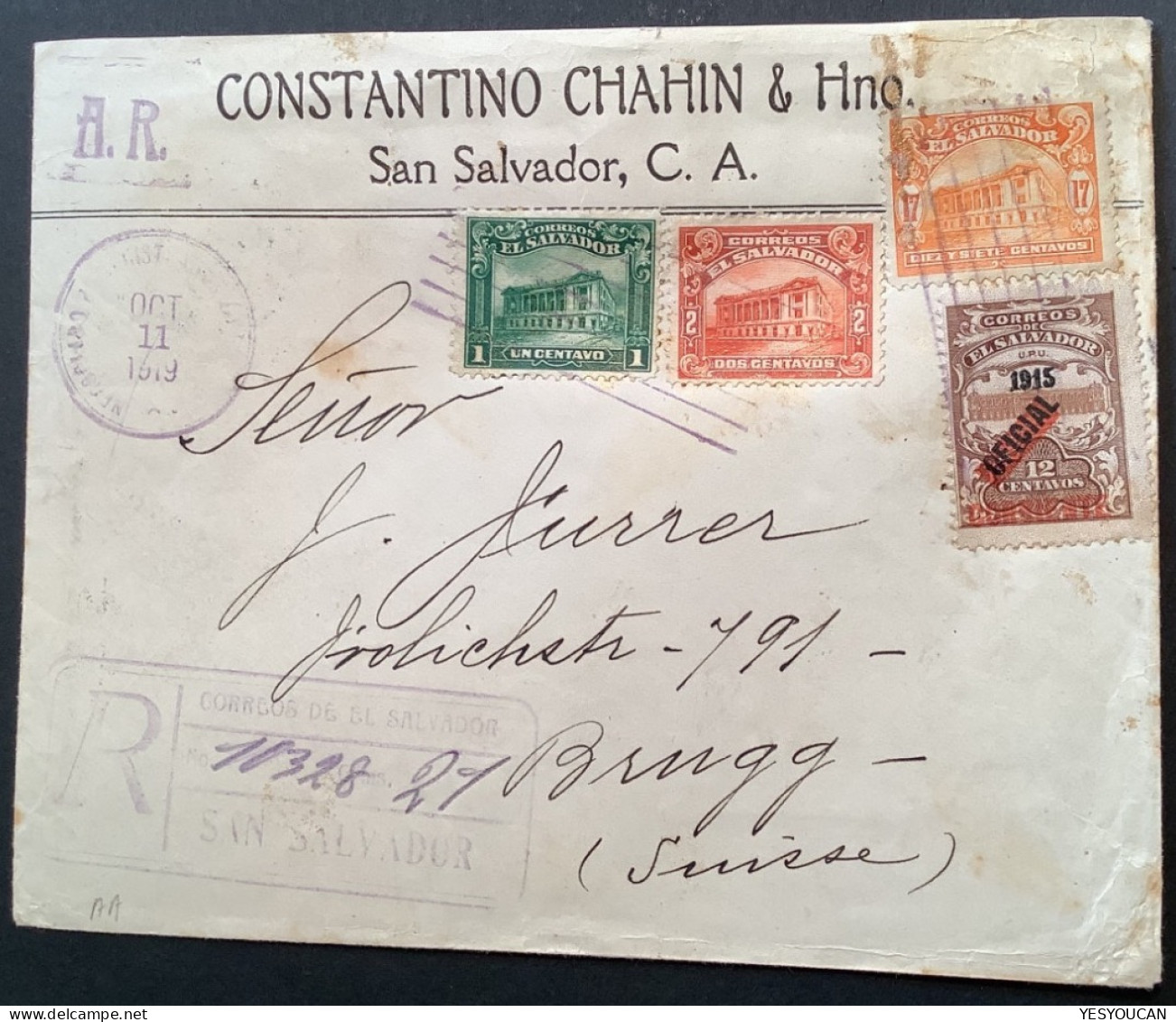 SAN SALVADOR 1919 AR Cover With Scarce „1915/OFICIAL/CORRIENTE“ Provisional 1918 Ovpt>Brugg, Schweiz (Brief - Salvador