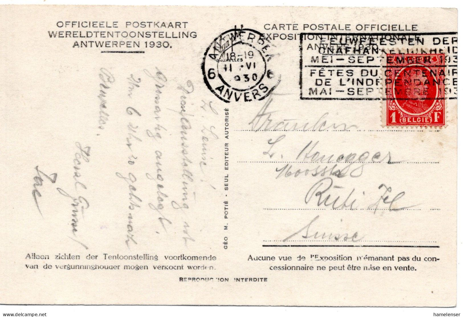 74243 - Belgien - 1930 - 1F Albert EF A AnsKte ANTWERPEN - ... -> Schweiz - Covers & Documents