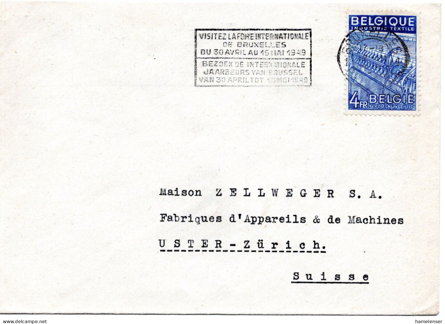 74244 - Belgien - 1949 - 4F Export EF A Bf BRUXELLES - ... -> Schweiz - Storia Postale