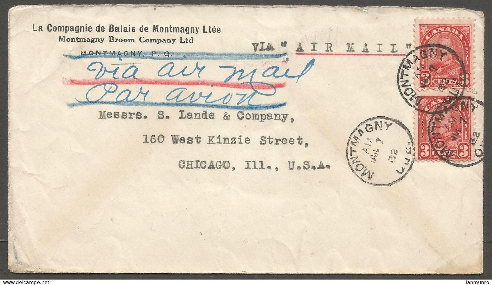 1932 Broom - Balais Company Corner Card Cover 6c Arch CDS Montmagny Quebec Airmail To USA - Postgeschiedenis