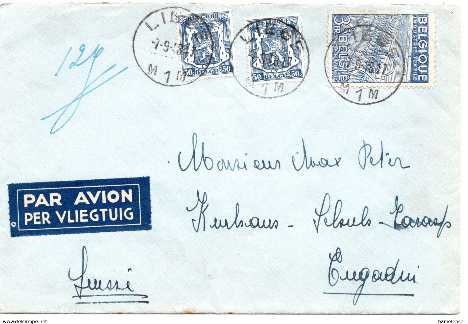 74245 - Belgien - 1948 - 3,15F Export MiF A LpBf LIEGE -> Schweiz - Covers & Documents