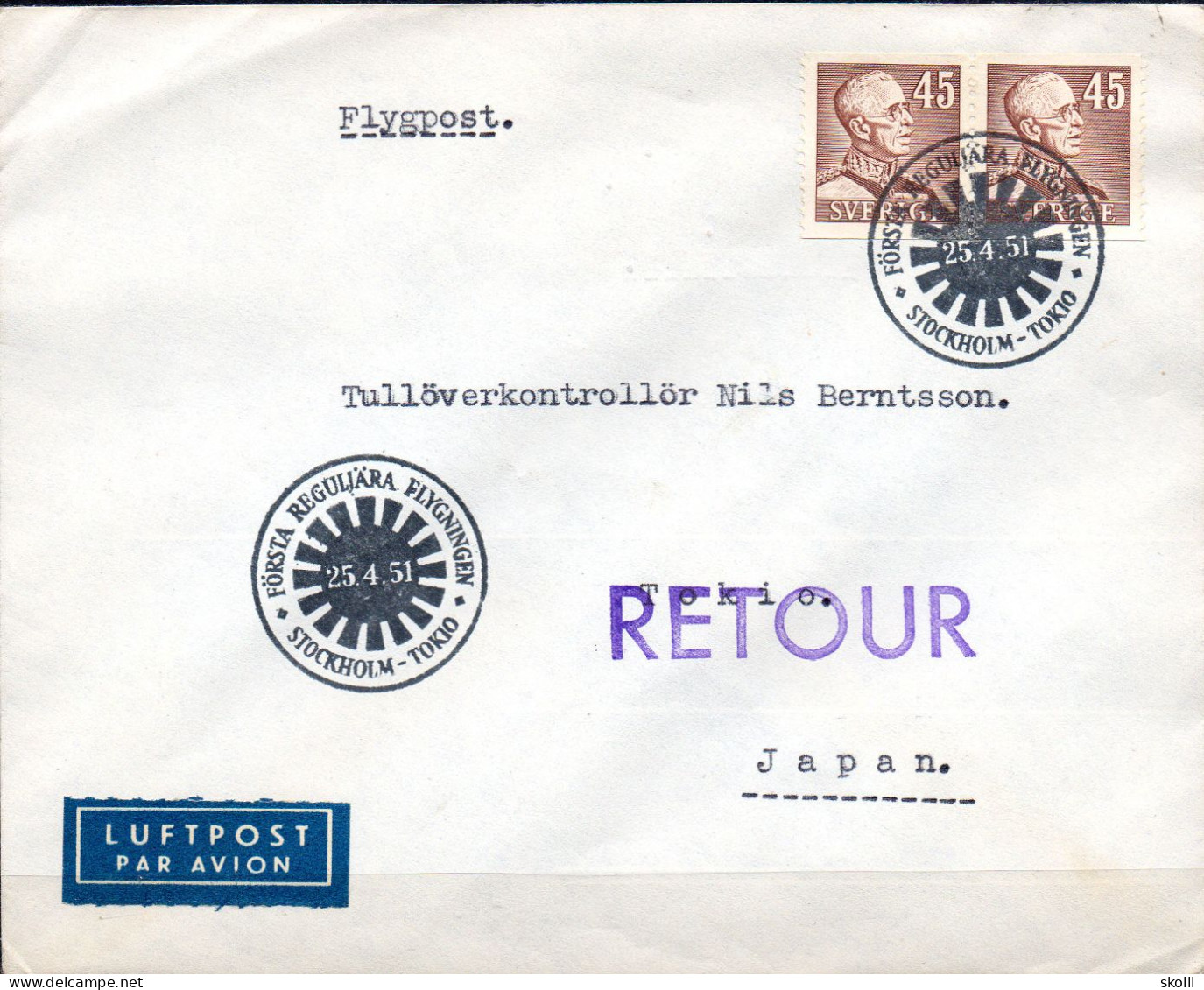 SWEDEN. 1951. Fyrst Flight Stockholm - Tokio. - Cartas & Documentos