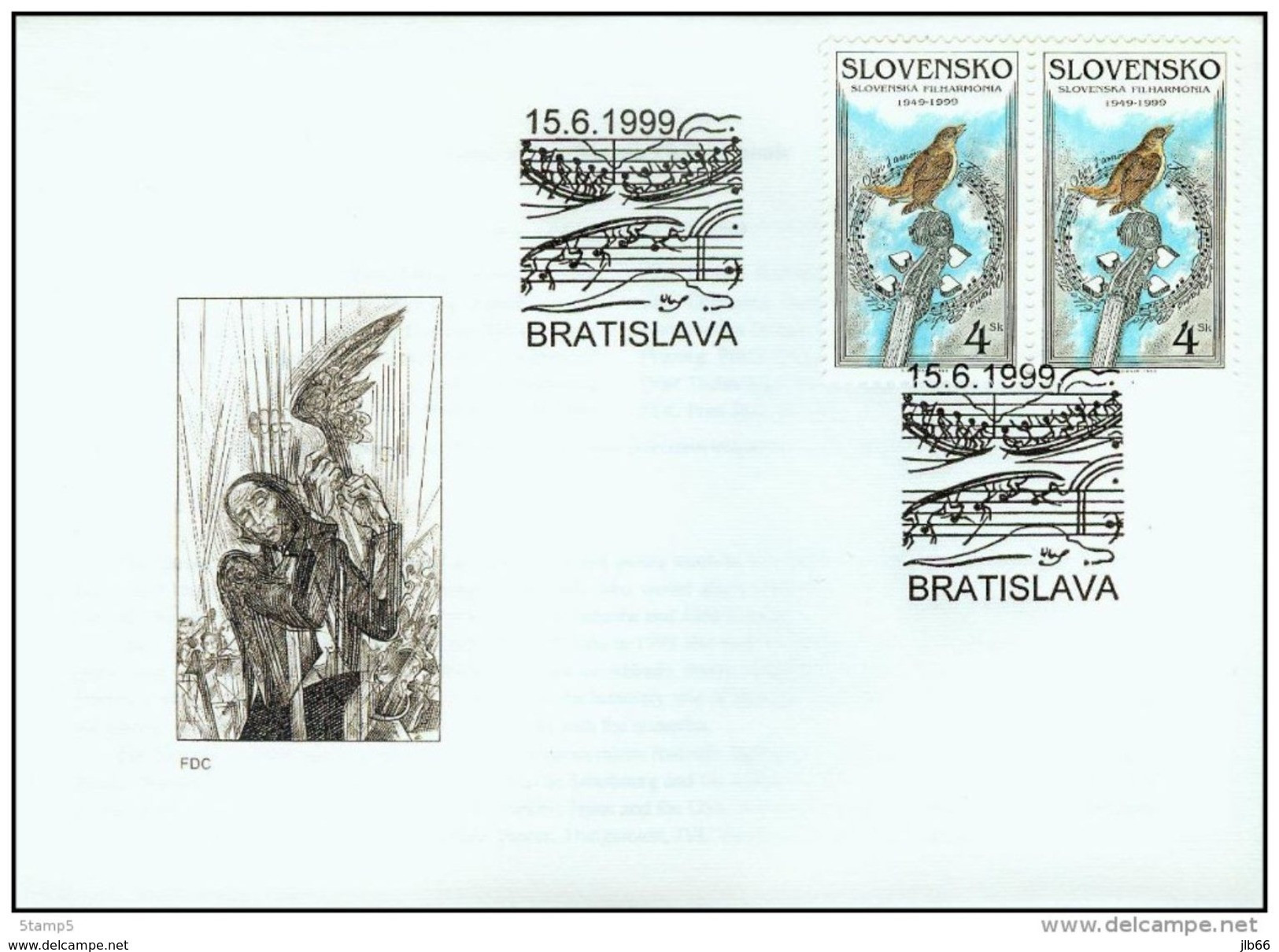 FDC 181 SLOVAQUIE 1999 Mi 341 Yv 298 50 Ans De L' Orchestre Philarmonique Slovaque Rossignol Et Crosse De Violon - FDC