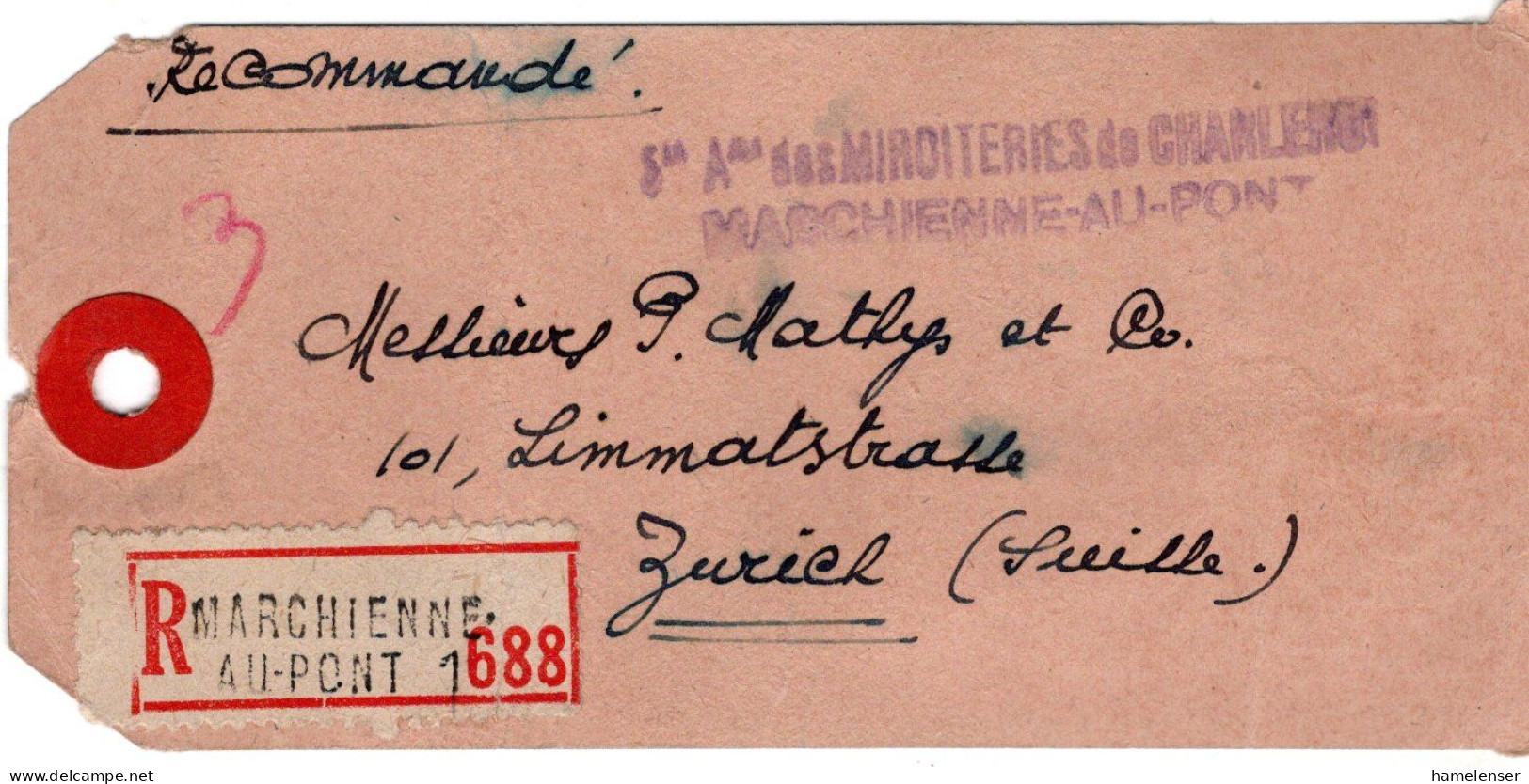 74248 - Belgien - 1947 - 5F -10% MiF A R-PaketAnhaenger MARCHIENNE-AU-PONT -> Schweiz - Briefe U. Dokumente