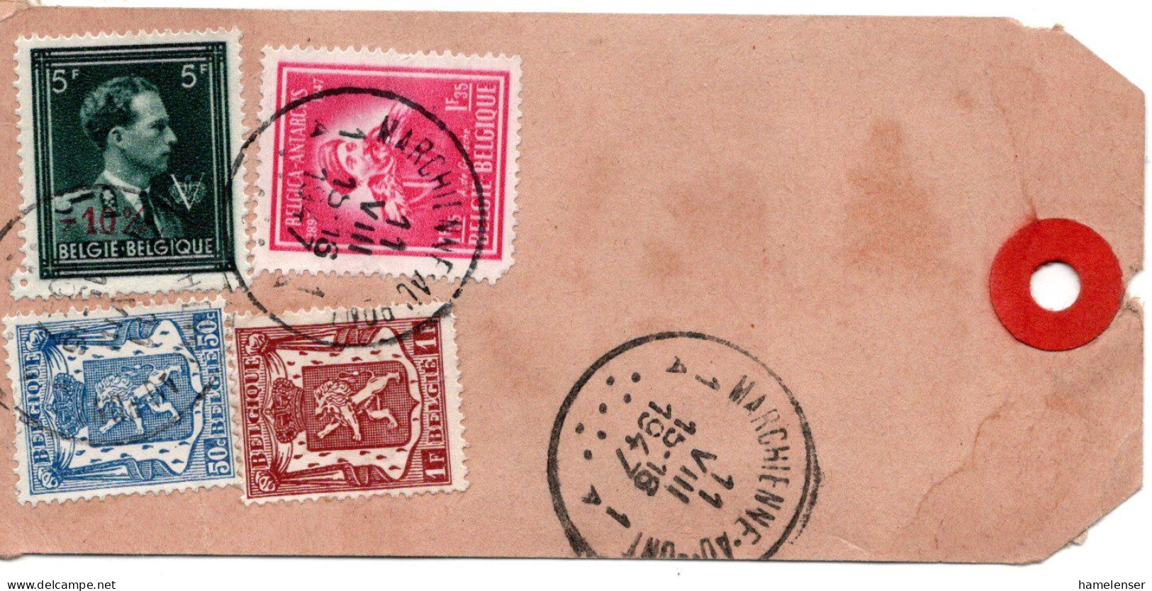 74248 - Belgien - 1947 - 5F -10% MiF A R-PaketAnhaenger MARCHIENNE-AU-PONT -> Schweiz - Lettres & Documents