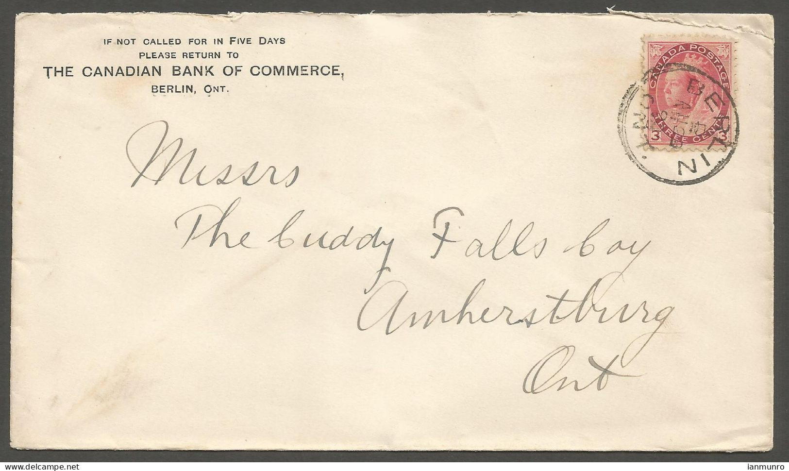 1898 Canadian Bank Of Commerce Corner Cover 3c Numeral CDS Berlin Ontario To Amhurst - Postal History