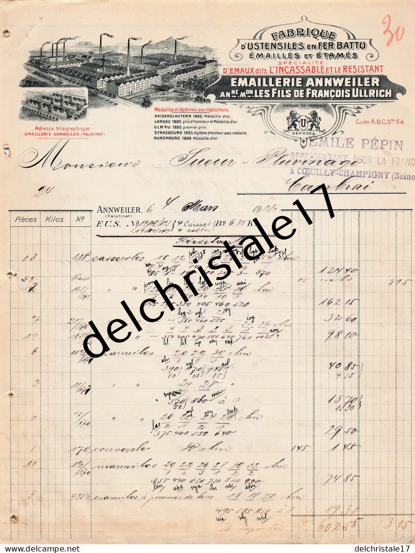 96 0659 ANNWEILER PALATINAT ALLEMAGNE 1913 Emaillerie ANNWEILER Succ Les Fils De François ULLRICH  à SUEUR PLUVINAGE - 1900 – 1949