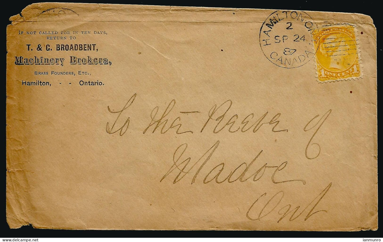 1887 T & C Broadbent Machinery Cover 1c Small Queen Duplex Hamilton Ontario To Madoc - Historia Postale