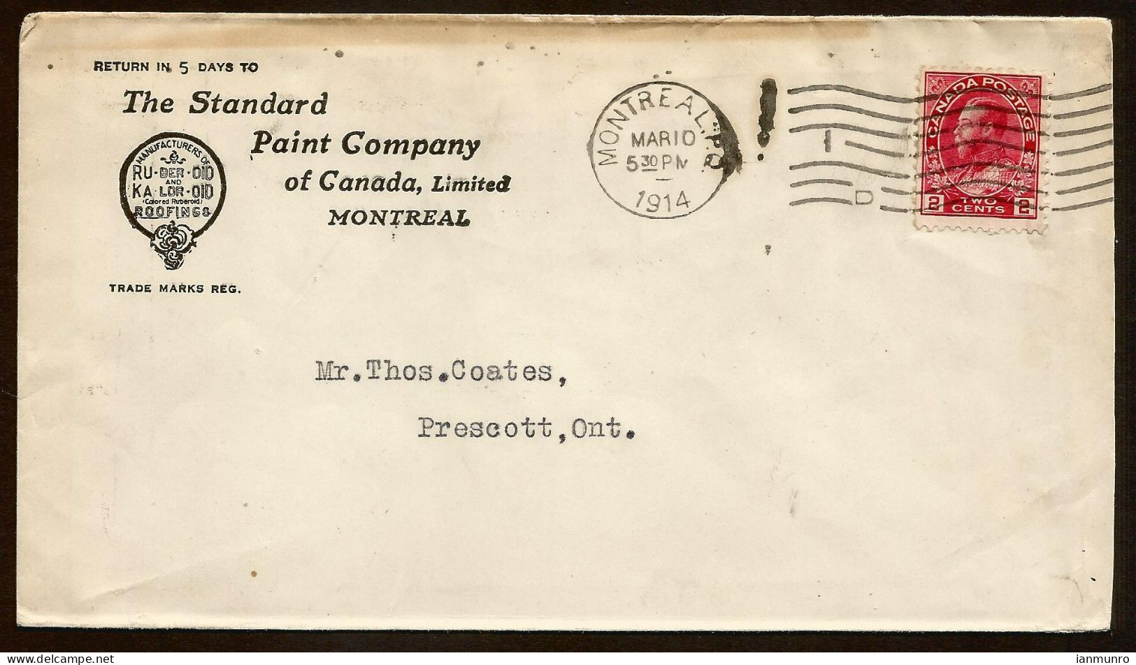 1914 Standard Paint Advertising Cover 2c Admiral Montreal Quebec PQ  To Prescott Ontario - Historia Postale