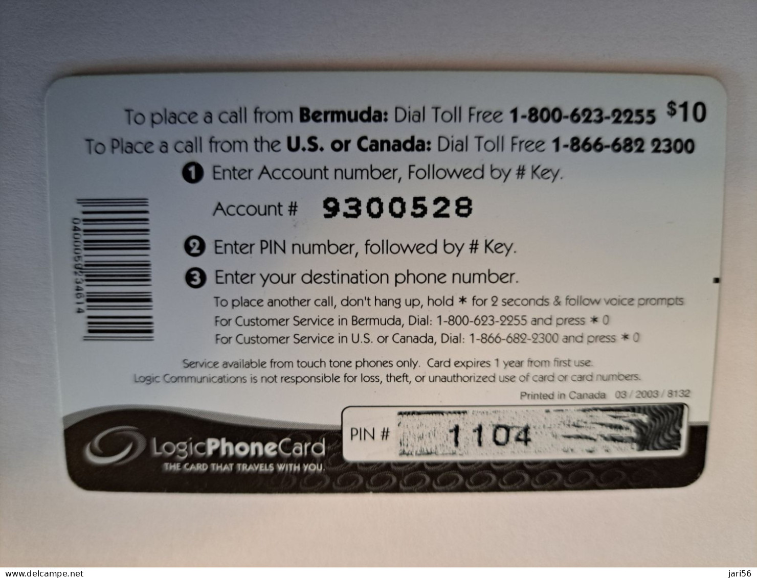 BERMUDA  $ 10,-  LOGIC/  BEACH   IN BERMUDA / DATE 3 /2003 /   PREPAID CARD  Fine USED  **16188** - Bermude